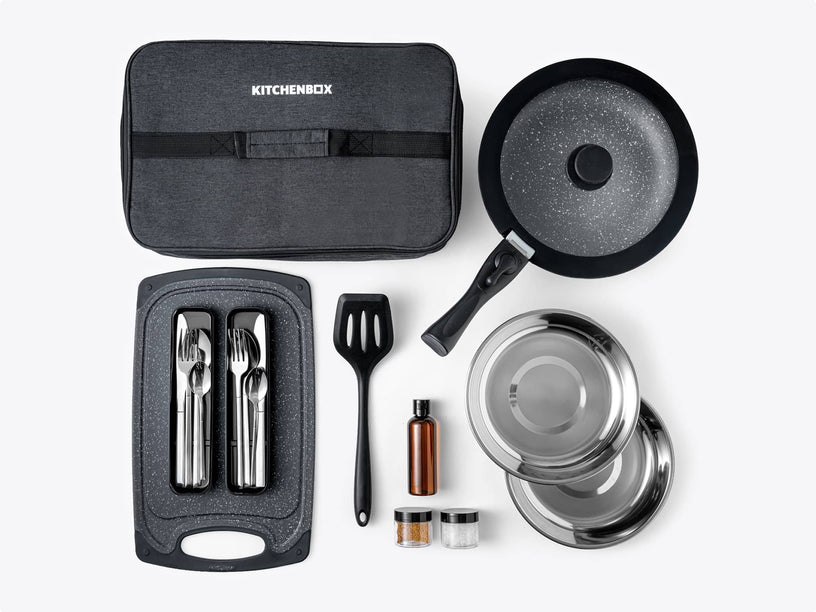 The cookwear items included in your KitchenBox all in one camp kitchen. 