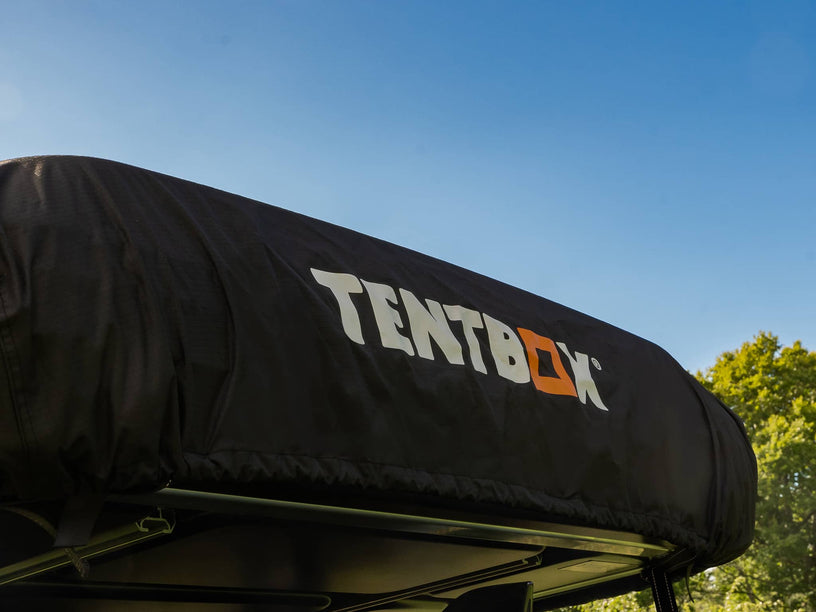 Close-up shot of the TentBox logo on the front of a TentBox Classic, fitted with a protective cover