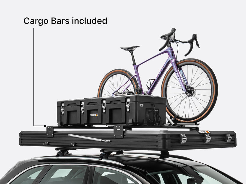  image showcasing the TentBox Cargo's cargo bars that allow for storage boxes and bikes to be added to the roof