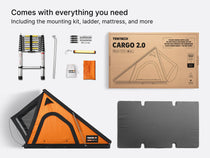  image showcasing everything you get with a TentBox Cargo, including mounting kit, ladder, mattress and more.