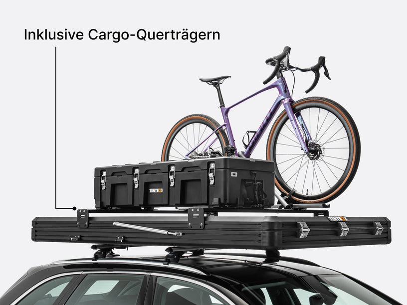   image showcasing the TentBox Cargo's cargo bars that allow for storage boxes and bikes to be added to the roof