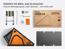   image showcasing everything you get with a TentBox Cargo, including mounting kit, ladder, mattress and more.