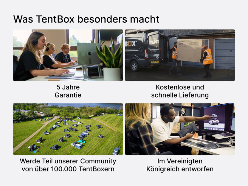   image showcasing the "TentBox difference", including 5-year warranty and support, free and fast delivery, a 100,000+ strong community, and a UK-based design team.