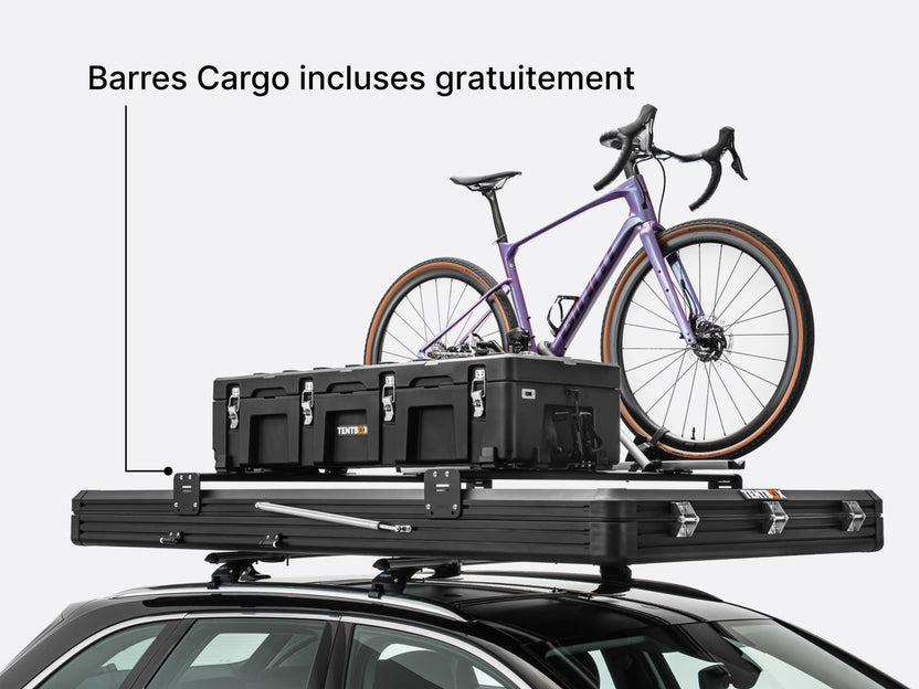  image showcasing the TentBox Cargo's cargo bars that allow for storage boxes and bikes to be added to the roof