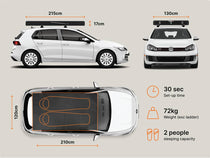Specification diagram of the Cargo 2.0 showing dimensions (215cm x 130cm), 30-second setup, 72kg weight, and 2-person capacity.

