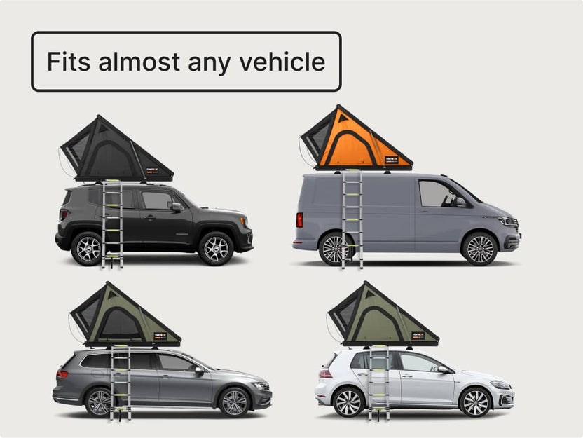 Vehicle compatibility infographic showing Cargo 2.0 fitted to a variety of cars and SUVs with the label “Fits almost any vehicle.”

