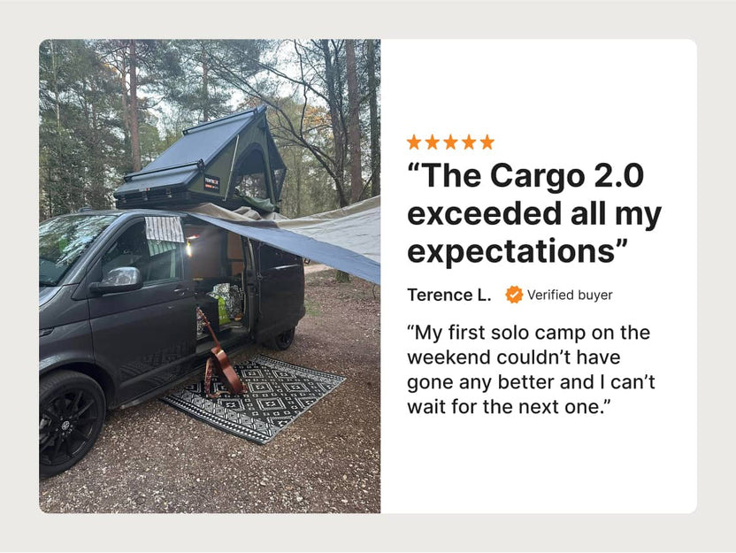 Customer review reads: “The Cargo 2.0 exceeded all my expectations” with photo of a vehicle at a campsite, tent fully opened and awning attached.