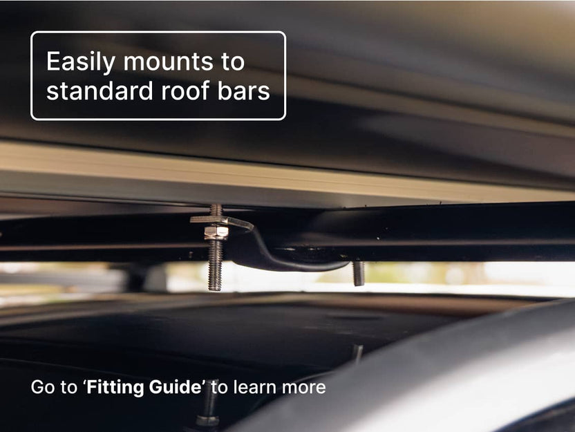 Close-up of mounting hardware showing how the Cargo 2.0 "Easily mounts to standard roof bars" with link to fitting guide.