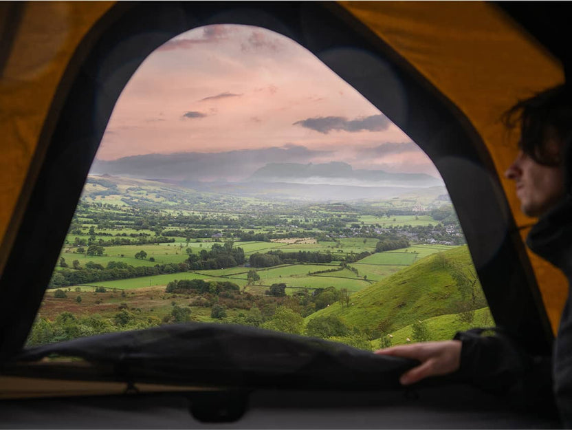 View from inside the Cargo 2.0 looking out through mesh window at a green hillside under a blue sky.