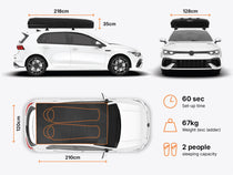  Image showing dimensions of a TentBox Classic roof top tent while mounted on a car