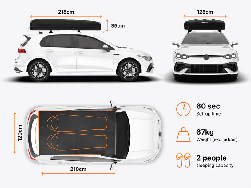  Image showing dimensions of a TentBox Classic roof top tent while mounted on a car