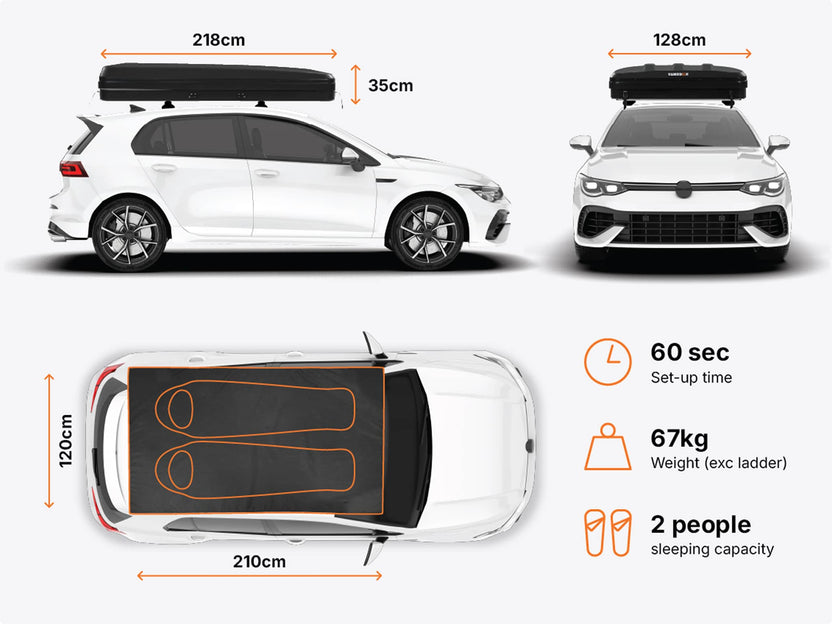  Image showing dimensions of a TentBox Classic roof top tent while mounted on a car