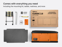  image showing everything that comes with a TentBox Classic rooftop tent, including mounting kit, ladder and mattress. 