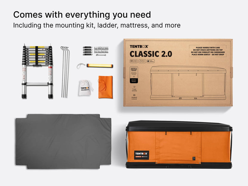  image showing everything that comes with a TentBox Classic rooftop tent, including mounting kit, ladder and mattress. 