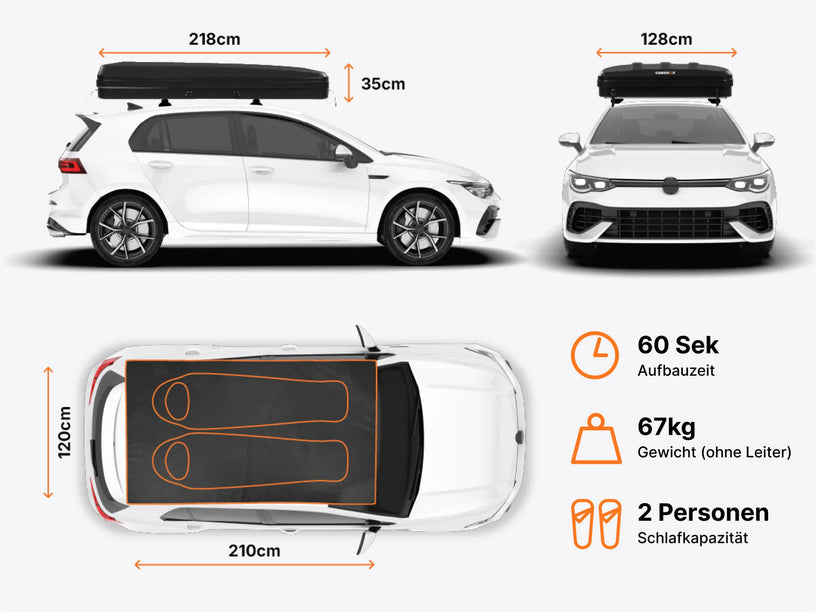  image showing dimensions of a TentBox Classic roof tent while mounted on a car