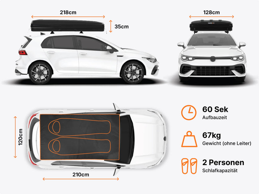   image showing dimensions of a TentBox Classic roof tent while mounted on a car