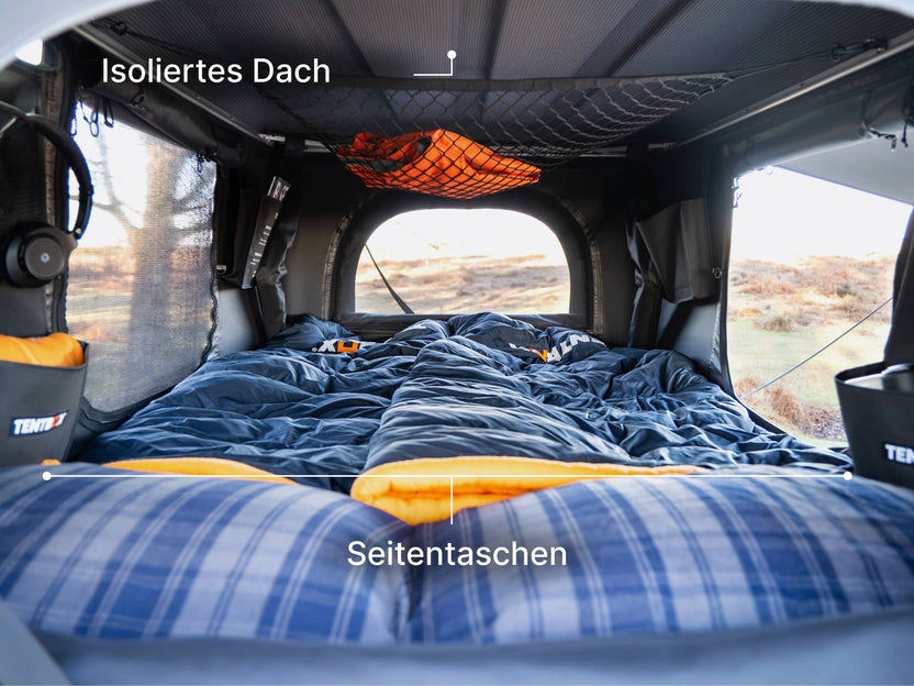  image showcasing the insulated roof lining and side pockets of the TentBox Classic rooftop tent.