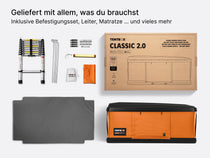  image showing everything that comes with a TentBox Classic rooftop tent, including mounting kit, ladder and mattress. 