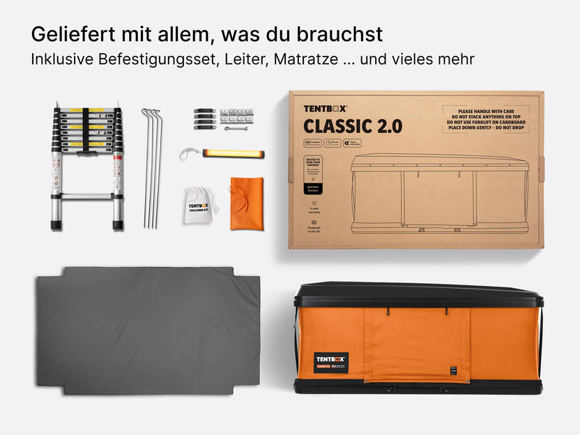 image showing everything that comes with a TentBox Classic rooftop tent, including mounting kit, ladder and mattress. 