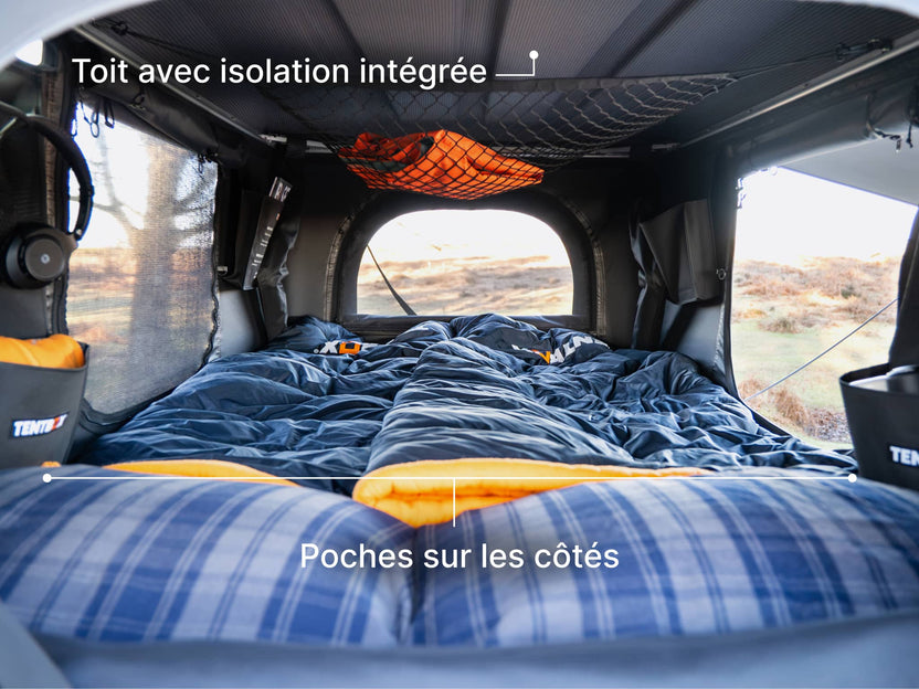  image showcasing the insulated roof lining and side pockets of the TentBox Classic rooftop tent.