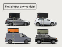 Compatibility diagram showing TentBox Classic fitted to different car types with label “Fits almost any vehicle.”