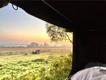 View from inside the TentBox looking out over a grassy sunrise-lit field.