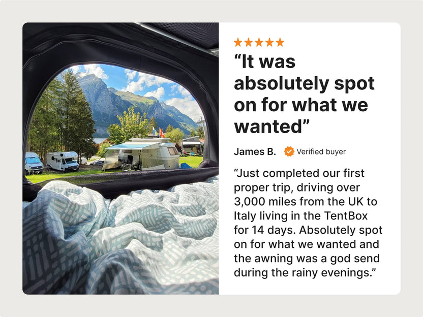 Customer review graphic with quote: “It was absolutely spot on for what we wanted” praising a 14-day road trip with TentBox