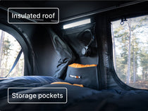 Interior detail of the TentBox showing labeled features: “Insulated roof” and “Storage pockets.”