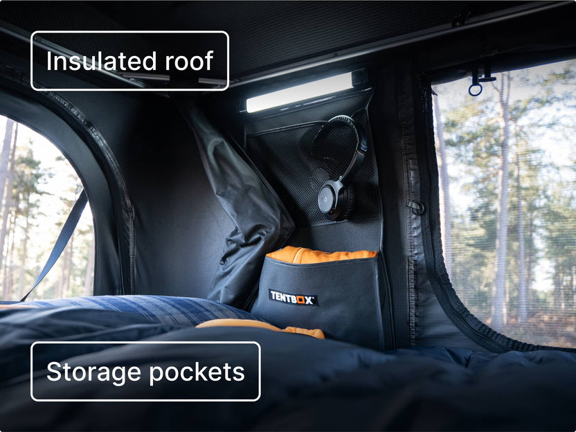 Interior detail of the TentBox showing labeled features: “Insulated roof” and “Storage pockets.”