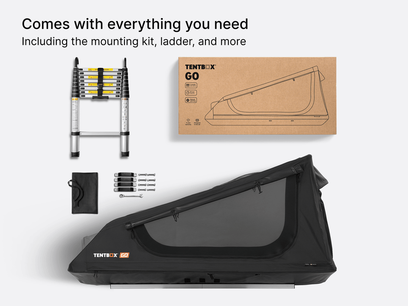  flatlay image showing everything that comes with a TentBox GO, including mounting kit and ladder. 