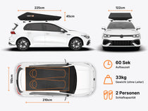  TentBox GO roof tent on-roof dimensions and features displayed on a white background