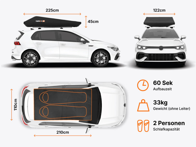  TentBox GO roof tent on-roof dimensions and features displayed on a white background