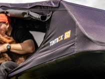 Detailed image of the TentBox GO logo at the rear of the roof tent