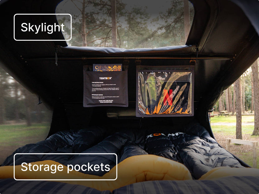 Interior shot showing two sleeping bags, mesh storage pockets, and a skylight; captions: “Skylight” and “Storage pockets.”