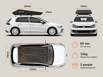 Diagram showing GO model dimensions (225cm x 122cm), 60-second setup time, 33kg weight, and 2-person capacity.

