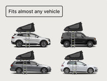 Compatibility graphic showing the GO tent mounted on multiple vehicle types, labeled “Fits almost any vehicle.”

