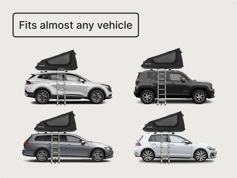 Compatibility graphic showing the GO tent mounted on multiple vehicle types, labeled “Fits almost any vehicle.”

