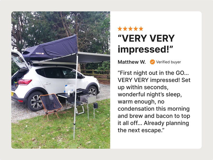 Customer review: “VERY VERY impressed!” with praise for easy setup, comfort, and warmth. Includes image of GO tent with an awning and table setup at a campsite.

