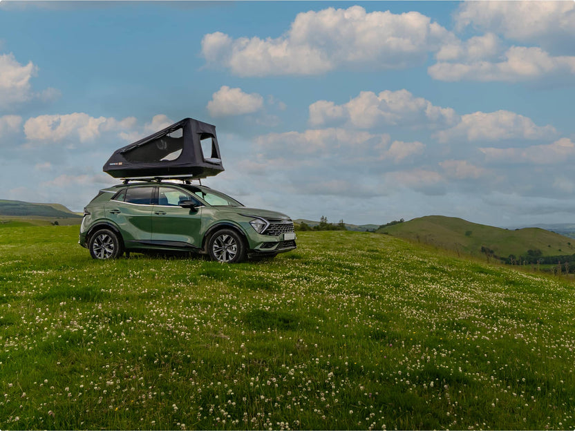 GO tent opened on a parked vehicle in a field full of wildflowers and mountains in the background.


