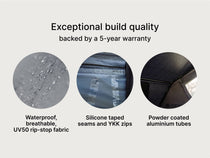 Infographic: “Exceptional build quality” backed by 5-year warranty, highlighting waterproof UV50 fabric, silicone taped seams, and powder-coated aluminum tubes.

