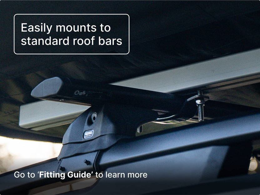 Close-up of the GO tent mounted to standard roof bars, with bolts and brackets visible; includes link to “Fitting Guide.”


