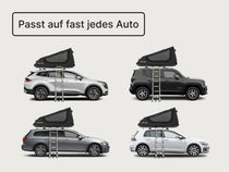 Kompatibilitäts-Grafik mit dem GO Dachzelt auf verschiedenen Fahrzeugtypen, beschriftet mit „Passt auf fast jedes Fahrzeug“.