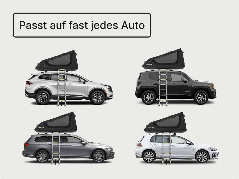 Kompatibilitäts-Grafik mit dem GO Dachzelt auf verschiedenen Fahrzeugtypen, beschriftet mit „Passt auf fast jedes Fahrzeug“.