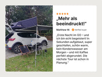 Kundenbewertung: „SEHR, SEHR beeindruckt!“ – lobt den einfachen Aufbau, den Komfort und die Wärme. Enthält ein Bild des GO Dachzelts mit Markise und Tisch-Setup auf einem Campingplatz.