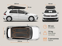 Diagramme montrant les dimensions du modèle GO (225 cm x 122 cm), un temps d’installation de 60 secondes, un poids de 33 kg et une capacité de 2 personnes.

