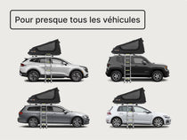 Visuel de compatibilité montrant la tente GO installée sur plusieurs types de véhicules, avec la mention « Compatible avec presque tous les véhicules »