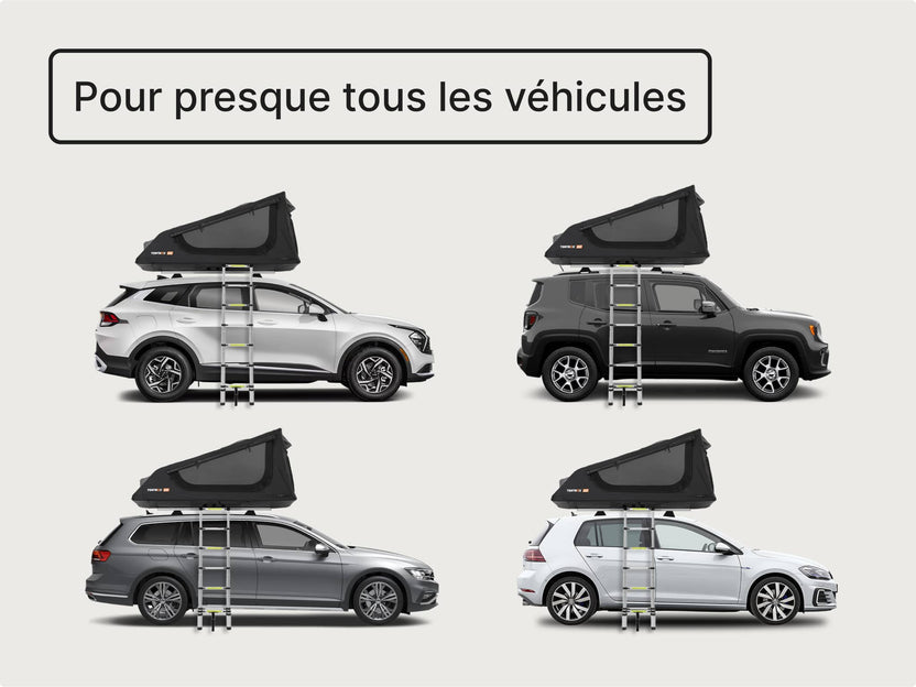 Visuel de compatibilité montrant la tente GO installée sur plusieurs types de véhicules, avec la mention « Compatible avec presque tous les véhicules »