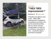 Avis client : « TRES TRES impressionné ! » avec des éloges pour la facilité d’installation, le confort et la chaleur. Inclut une image de la tente GO avec un auvent et une table installés sur un emplacement de camping.


