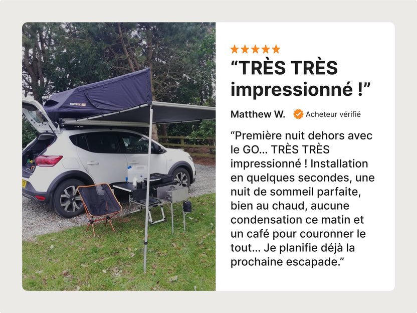 Avis client : « TRES TRES impressionné ! » avec des éloges pour la facilité d’installation, le confort et la chaleur. Inclut une image de la tente GO avec un auvent et une table installés sur un emplacement de camping.

