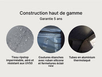 Infographie : « Qualité de fabrication exceptionnelle » soutenue par une garantie de 5 ans, mettant en avant le tissu imperméable UV50, les coutures scellées au silicone et les tubes en aluminium thermolaqués.

